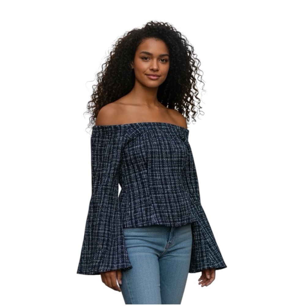 Zara Dark Blue and White Textured off the shoulder cropped shirt w/ side zipper